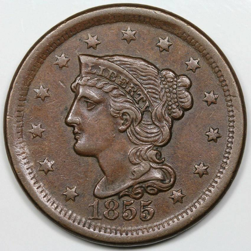 1855-Upright-55-Large-Cent-For-Grading,-Pretty-Copper
