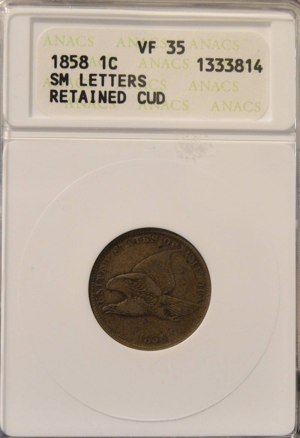 1858-Small-Letters-Flying-Eagle-Cent,-Retained-Cud/Break,-Die-Crack