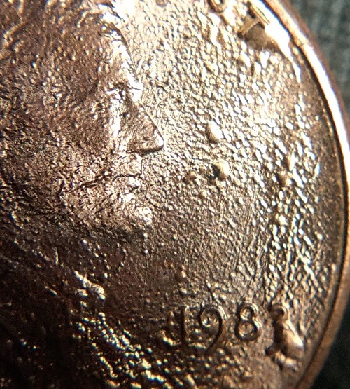1983-P-Lincoln-Cent.-Most-Extreme-Plating-Blisters?