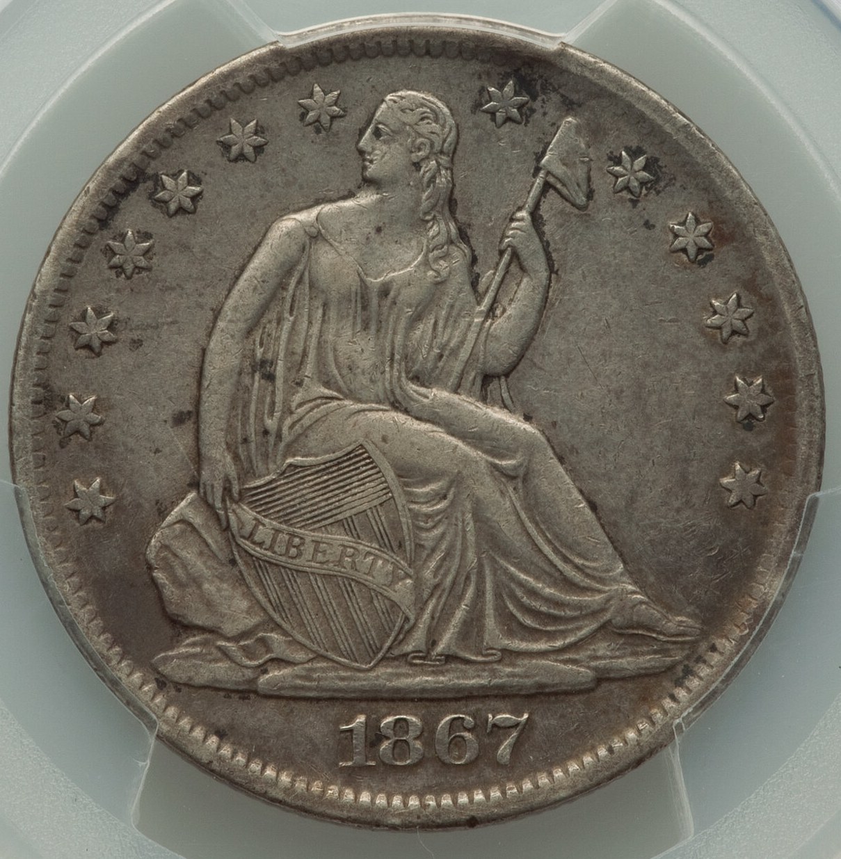 1867-S-Seated-Liberty-Half-PCGS:-Moderate-Facial-Distress