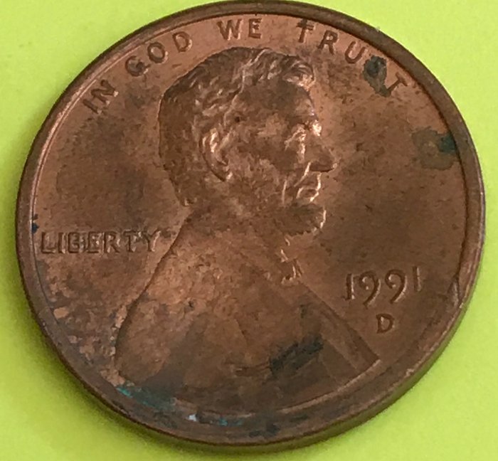 1991-D-Lincoln-Penny-Strike-Through-Or-Modified
