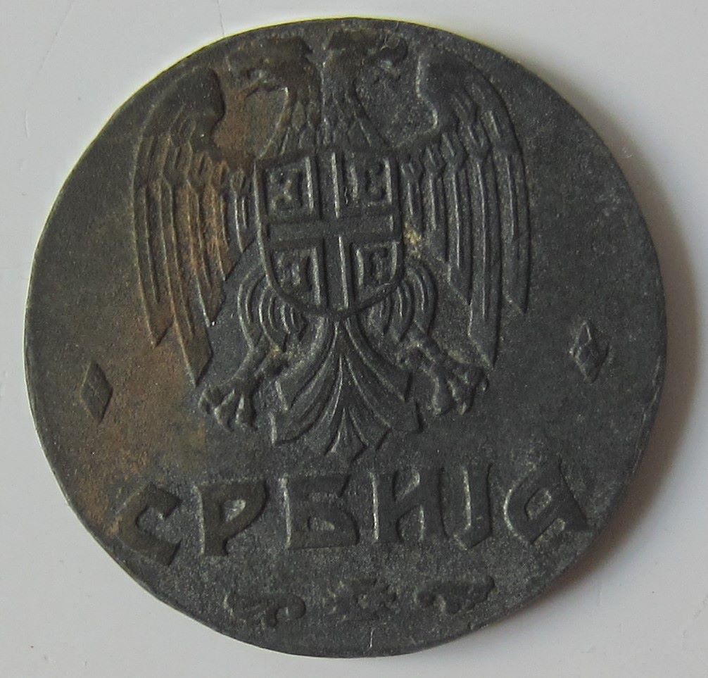 Serbia-2-Dinara-1942-Struck-On-1-Dinar-Round.