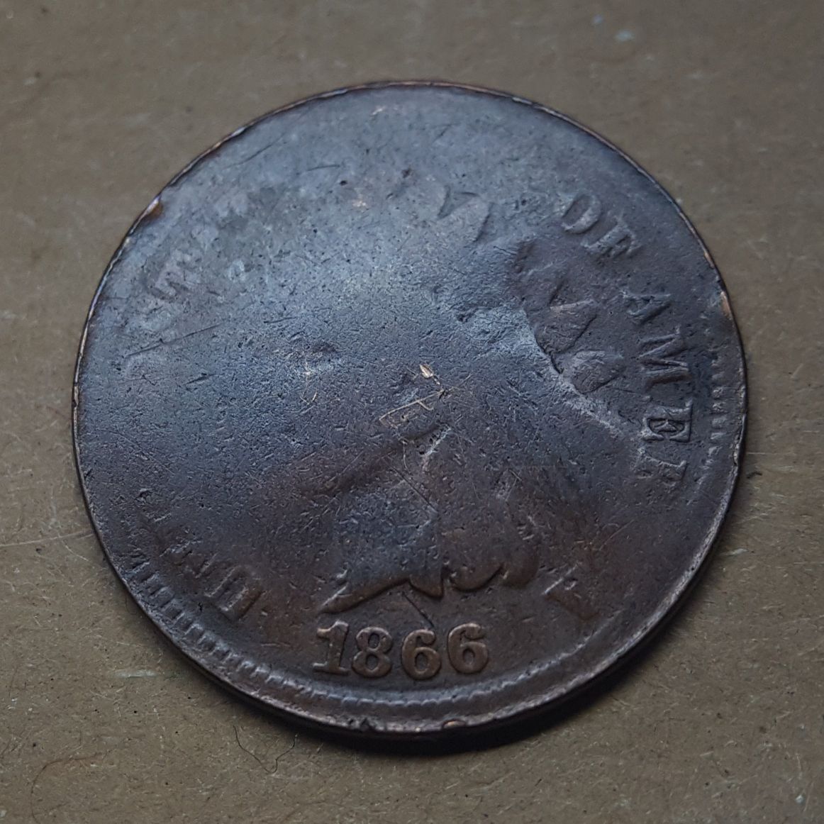 1866-Indian-Head----Die-Break-,-Cud-Or-Damage?