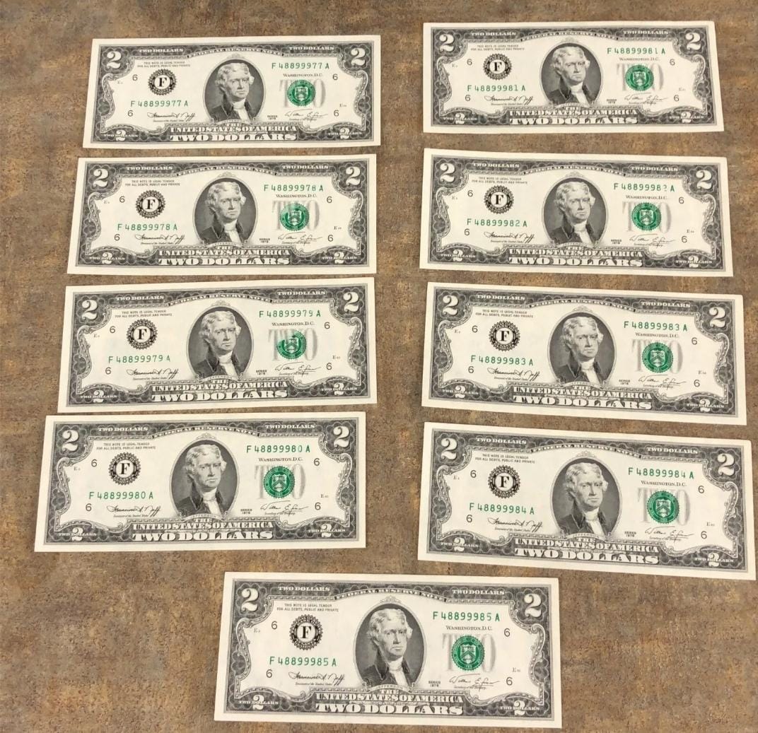 9-1976-Consecutive-Bills-With-Mis-Print-Green-Seal-And-S.-Number