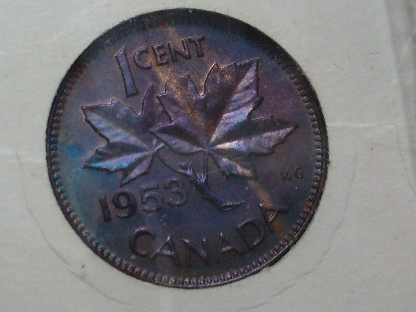 1953-Canada-Cent.-Shoulder-Fold.-I-To-Denticle.