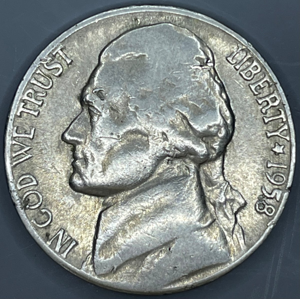 1958-D-Jefferson-Nickel-With-Die-Crack/Chips-Rim-To-Rim-Reverse