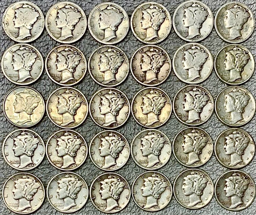 Lot-Of-30-Mercury-Dimes,-Mixed-From-1916-P---1945-D-On-Ebay