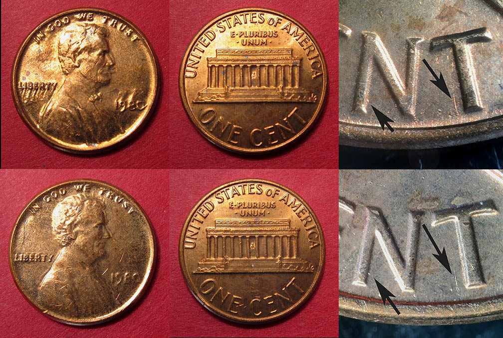 1980-Lincoln-Memorial-Cent---Struck-Through-L/S-Die-Cap-Pair-From-Same-Die