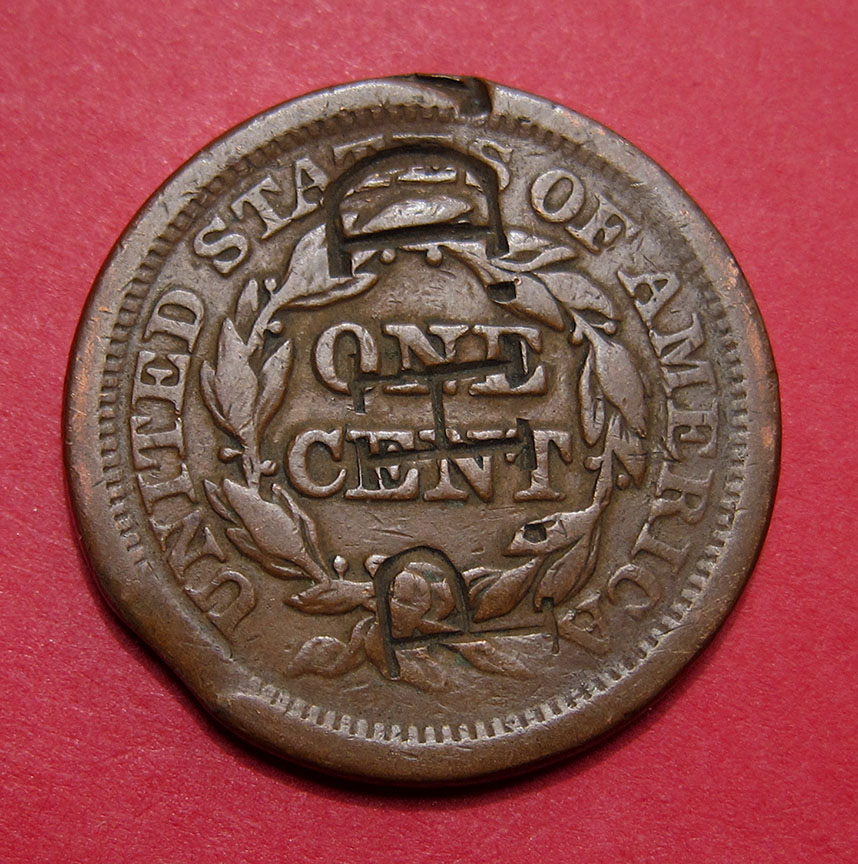 1852-Large-Cent-Mint-Error---Clipped-Planchet-Plus-Counterstamp