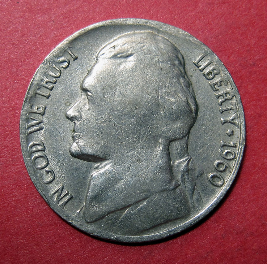 1960-D-Jefferson-Nickel-Mint-Error---Struck-On-Split-Planchet-+-Cuds
