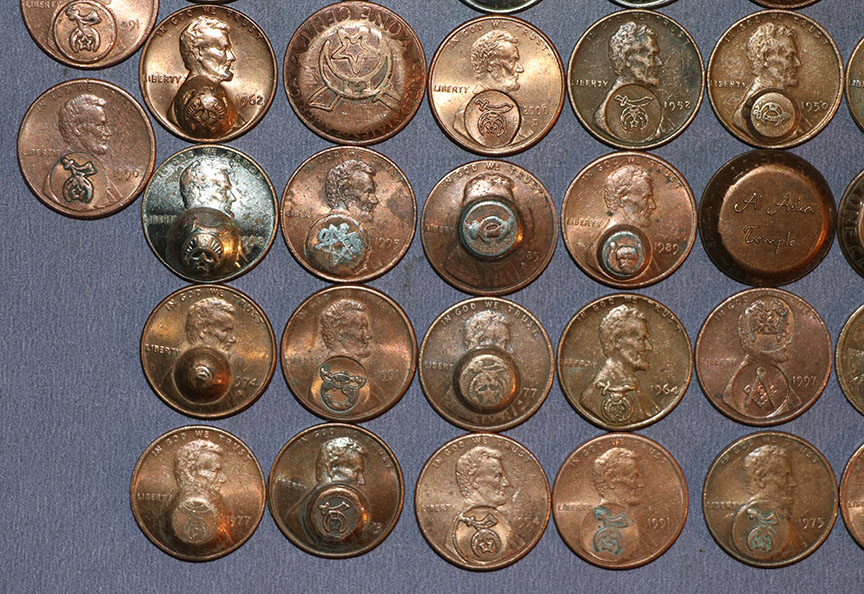 Masonic-Tokens,-Coins-And-Counter-Stamped-Pennies