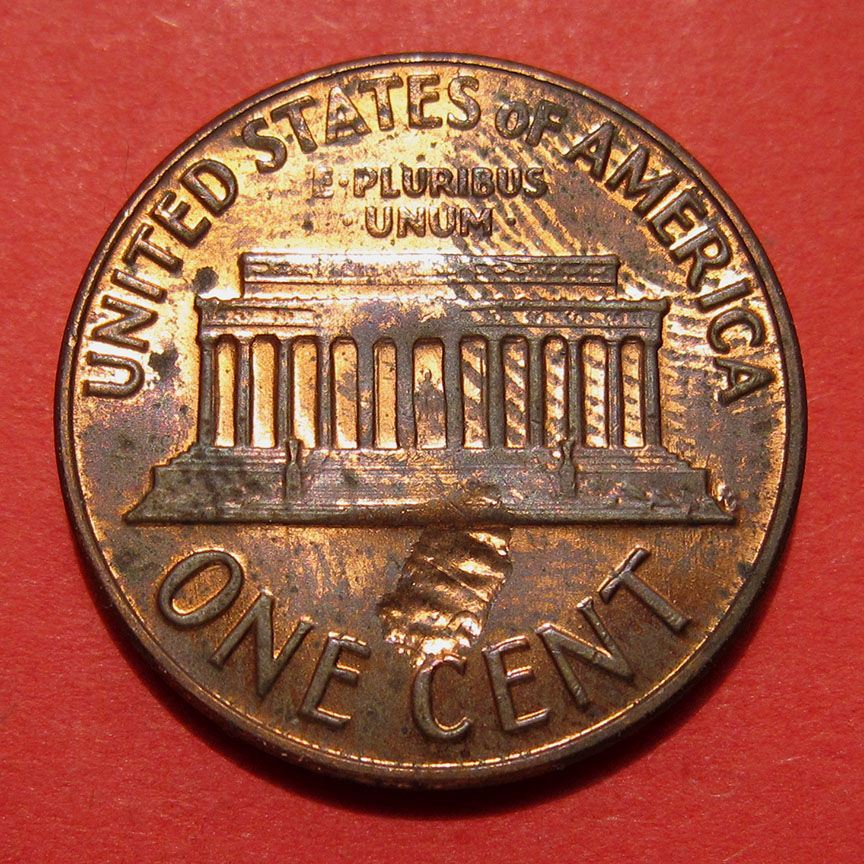 1971-D-Lincoln-Memorial-Cent-Mint-Error---Struck-Through-Lamination-Flake