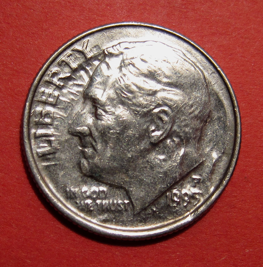 1995-P-Roosevelt-Dime-Mint-Error---Struck-Through-Detached,-Laterally-Shifted-Die-Cap