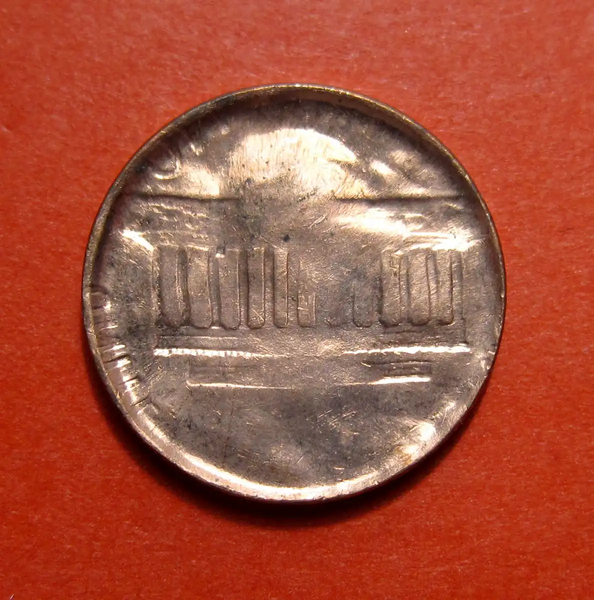 No-Date-Copper-Lincoln-Memorial-Cent-Mint-Error---Struck-Through-Die-Cap