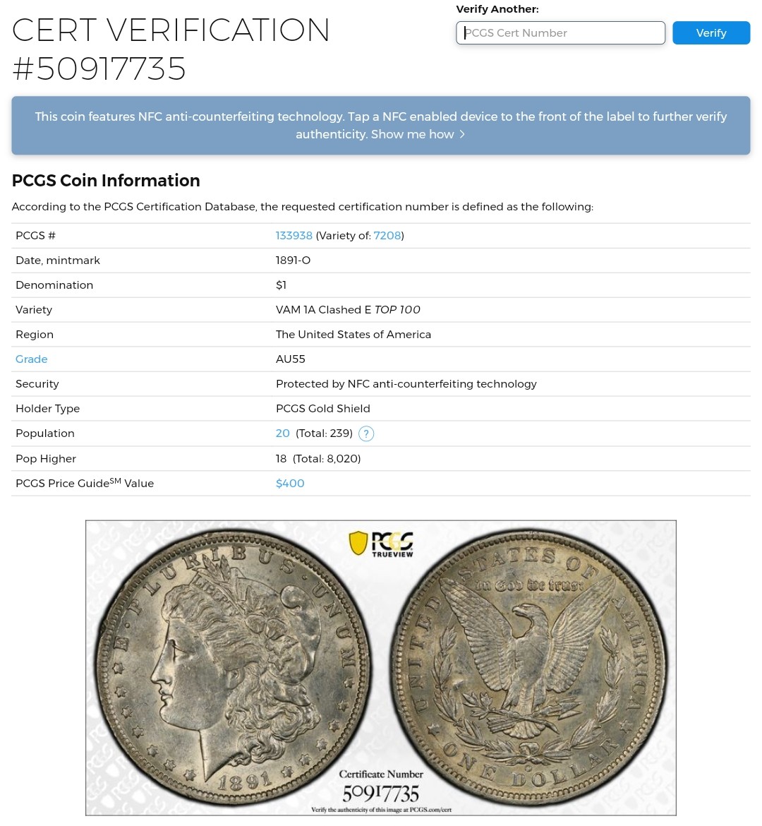 1891-O-VAM-1A2-Clashed-Obverse-D-&-O,-Reverse-Bert,-Dome-Die-Sink-Morgan-Silver-Dollar---You-Vs-PCGS