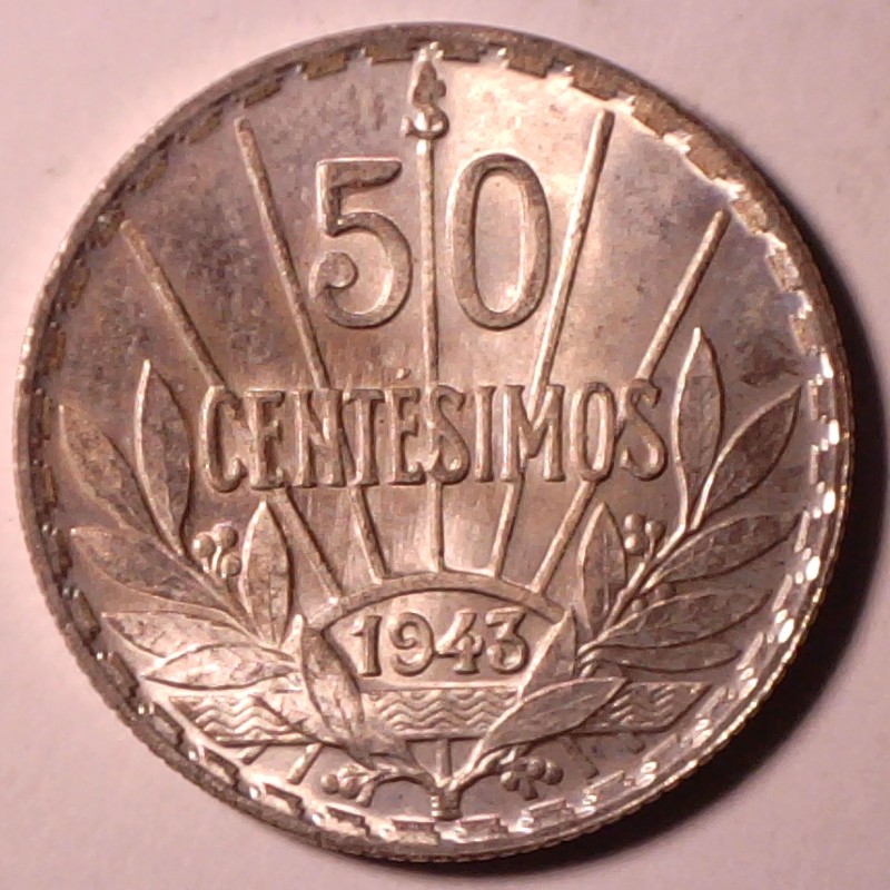 1943-Uruguay-50-Centesimos-Pre-Cud/Spiked-Head