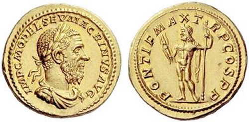  Ancient Coins Aureus of Macrinus, with legend of<br>IMP CM OPEL SEV MACRINVS AVG/PONTIF MAX TR P COS PP dates to 217 AD