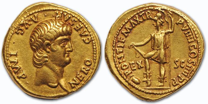  Ancient Coins Aureus of Nero with legend of<br>IMP NERO CAESAR AVG/PONTIF MAX TR P VIIII COS IIII PP<br>which dates it to 62 – 63 AD