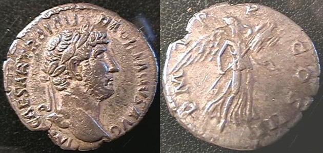 Ancient Coins Denarius of Hadrian with legends of<br>IMP CAESAR TRAIANO HADRIANVS AVG/ PM TR P COS III Dates the coin to 119 – 120 AD