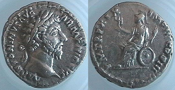  Ancient Coins Denarius of Marcus Aurelius with legends<br>M ANTONINVS AVG ARMENIACVS/PM TR P XIX IMP III COS III Dates to 165 AD