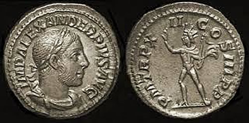  Ancient Coins Denarius of Severus Alexander with legend of<br>IMP ALEXANDER PIVS AVG/PM TR P XII COS III PP dates to 233 AD