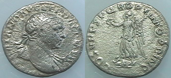  Ancient Coins Denarius of Trajan with legends of<br>IMP NERVA TRAIANVS GER DACICVS/ COS V PP SPQR OPTIMO PRINC Dates to 103 AD