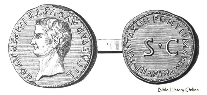  Ancient Coins Drawing of a coin of Tiberius with the Legend of<br>TRIBVN POTEST XXIIII PONTIF MAXIM which dates the coin to 23 – 24 AD
