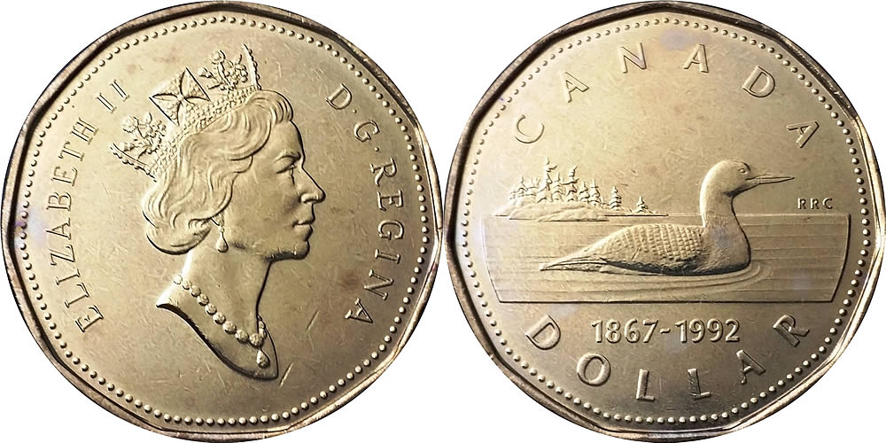 1992 Diademed Portrait, Loon Reverse Elizabeth II Dollar 1992 Elizabeth II Dollar