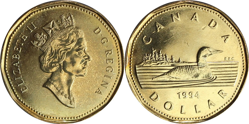 1994 Diademed Portrait, Loon Reverse Elizabeth II Dollar 1994 Elizabeth II Dollar