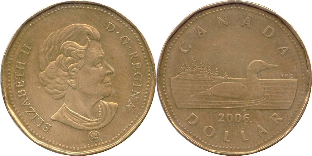 2006 Uncrowned Portrait, RCM Logo, Loon Reverse Elizabeth II Dollar 2006 Elizabeth II Dollar