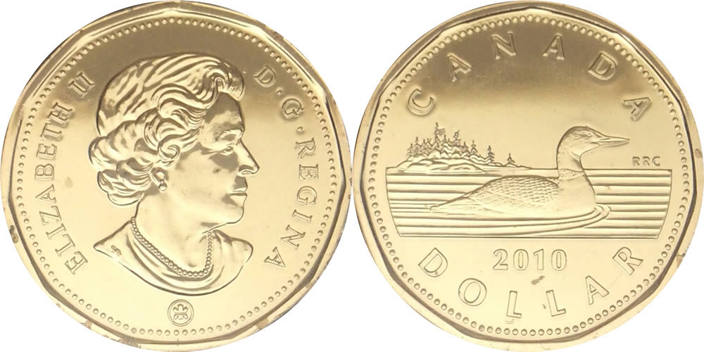 2010 Uncrowned Portrait, RCM Logo, Loon Reverse Elizabeth II Dollar 2010 Elizabeth II Dollar