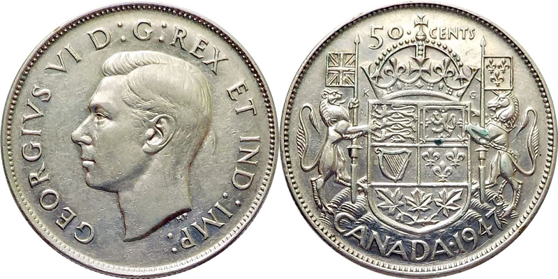 1947 Regular George VI Fifty Cents - Half Dollar Regular 1947 Regular George VI Fifty Cents - Half Dollar Regular