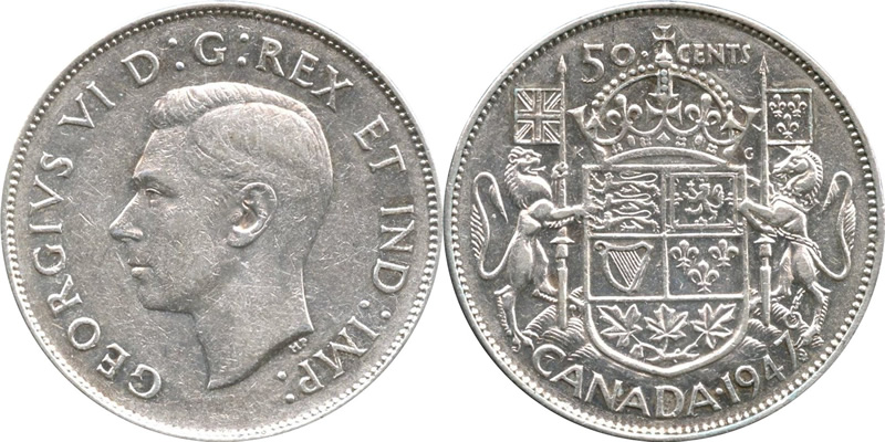 1947 Maple Leaf George VI Fifty Cents - Half Dollar Maple Leaf at Date 1947 Maple Leaf George VI Fifty Cents - Half Dollar Maple Leaf at Date