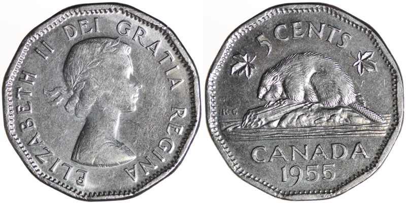 1955 Elizabeth II Five Cent - Nickel 1955 Elizabeth II Five Cent - Nickel