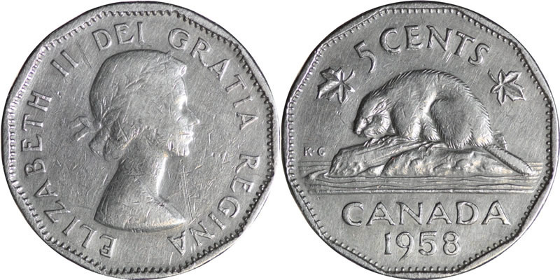 1958 Elizabeth II Five Cent - Nickel 