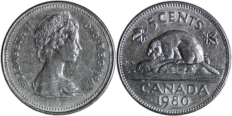 1980 Elizabeth II Five Cent - Nickel 1980 Elizabeth II Five Cent - Nickel