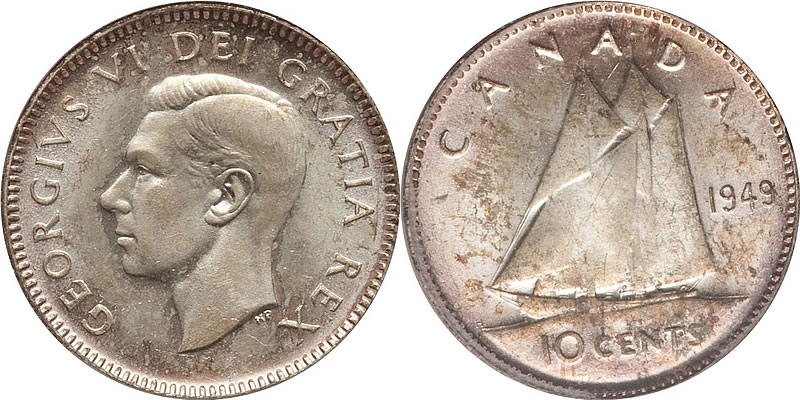  George VI Ten Cent - Dime  1949 PCGS MS63