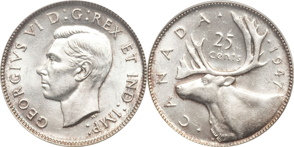 1947 Dot George VI Twenty Five Cent - Quarter  Dot at Date