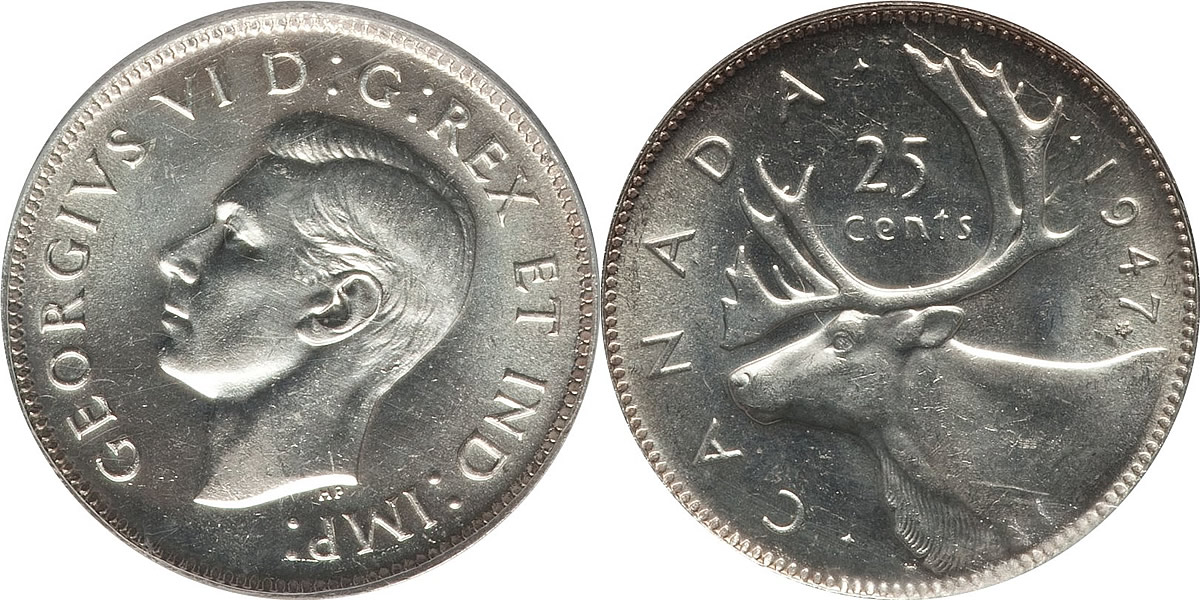 1947 Maple Leaf George VI Twenty Five Cent - Quarter  Maple Leaf at Date