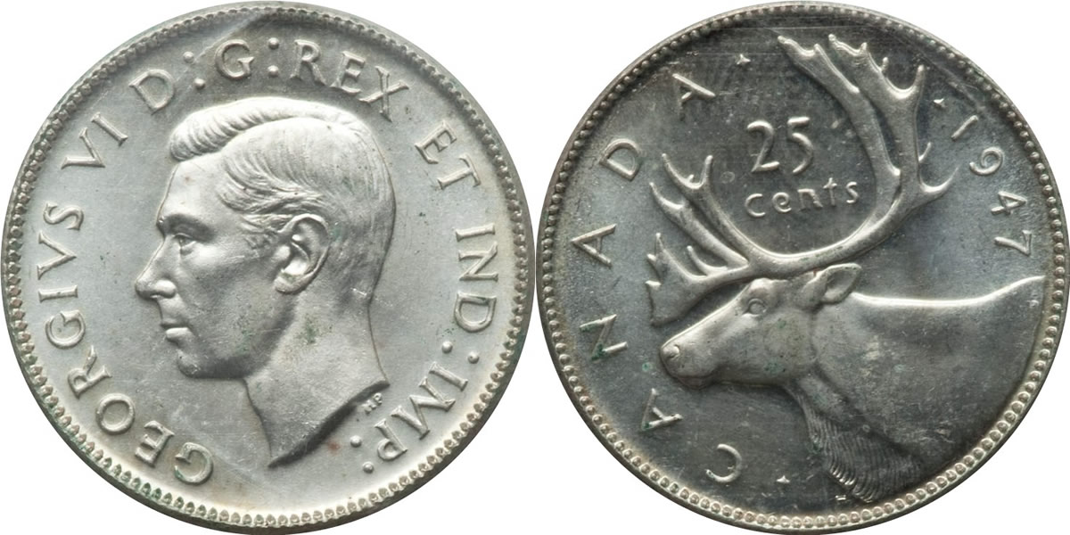 1947 Regular Date George VI Twenty Five Cent - Quarter  Plain Date