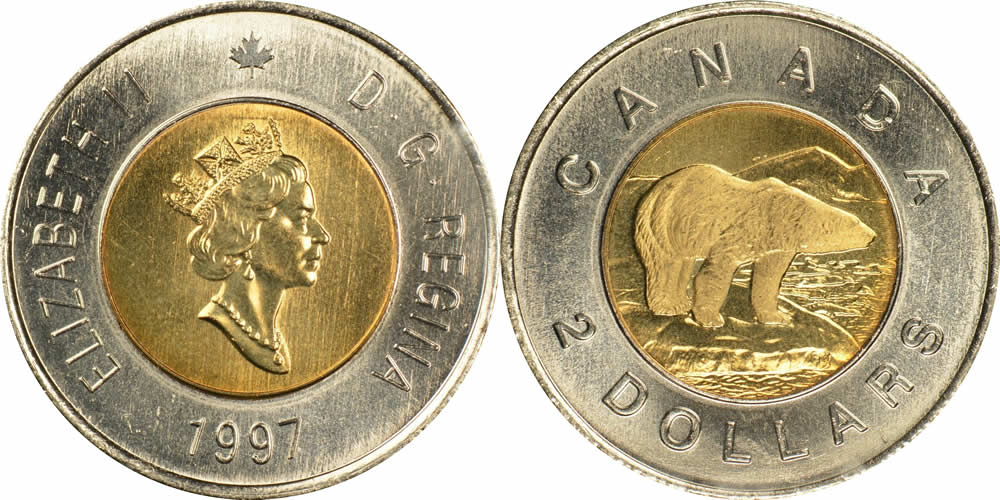 1997 Diademed Portrait, Maple Leaf Logo, Polar Bear Reverse Elizabeth II Two Dollar 1997 Elizabeth II Two Dollar