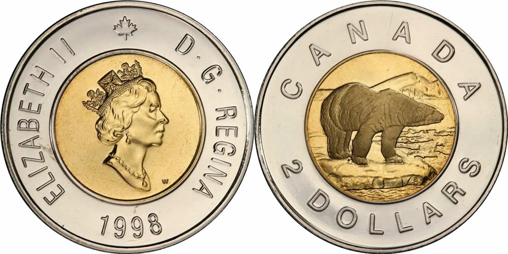 1998 W Diademed Portrait, Maple Leaf Logo, Polar Bear Reverse Elizabeth II Two Dollar 1998 W Elizabeth II Two Dollar