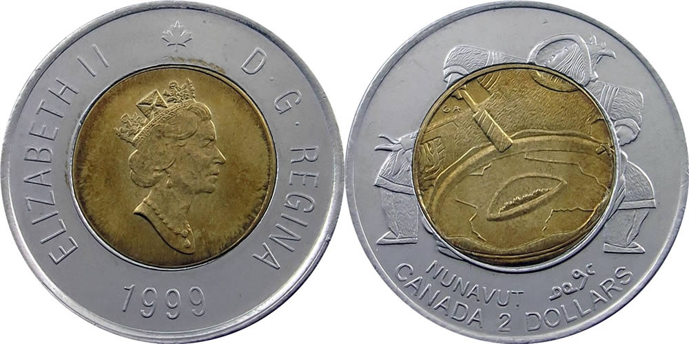 1999 Diademed Portrait, Maple Leaf Logo, Nunavut Reverse Elizabeth II Two Dollar 1999 Elizabeth II Two Dollar