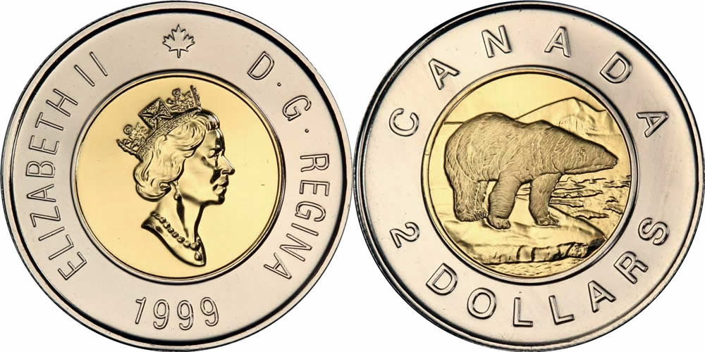 1999 Diademed Portrait, Maple Leaf Logo, Polar Bear Reverse Elizabeth II Two Dollar 1999 Elizabeth II Two Dollar