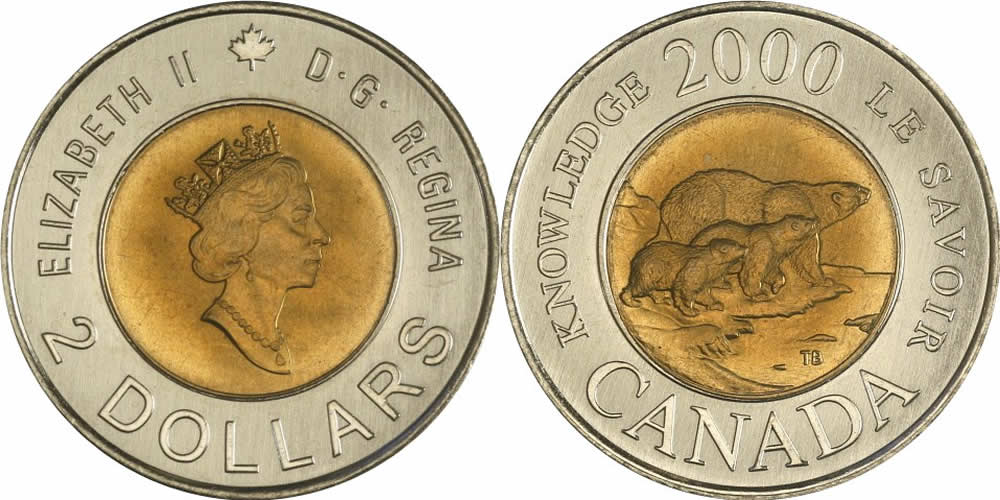 2000 Diademed Portrait, Maple Leaf Logo, Path of Knowledge Reverse Elizabeth II Two Dollar 2000 Elizabeth II Two Dollar
