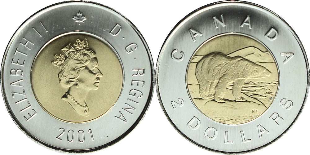 2001 Diademed Portrait, Maple Leaf Logo, Polar Bear Reverse Elizabeth II Two Dollar 2001 Elizabeth II Two Dollar