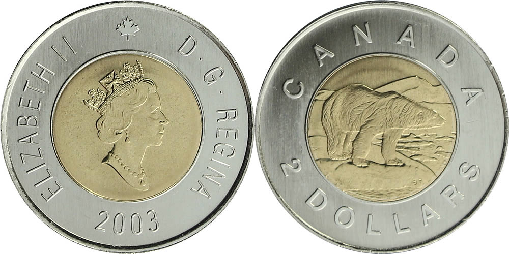 2003 Diademed Portrait Maple Leaf Logo, Polar Bear Reverse Elizabeth II Two Dollar 2003 Elizabeth II w/ Crowned Portrait 2003 Elizabeth II Two Dollar 2003 Elizabeth II w/ Crowned Portrait