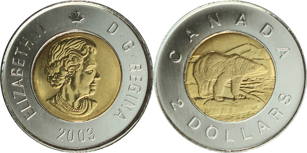 2003 Uncrowned Portrait, Maple Leaf Logo, Polar Bear Reverse Elizabeth II Two Dollar 2003 Elizabeth II w/ Uncrowned Portrait 2003 Elizabeth II Two Dollar 2003 Elizabeth II w/ Uncrowned Portrait