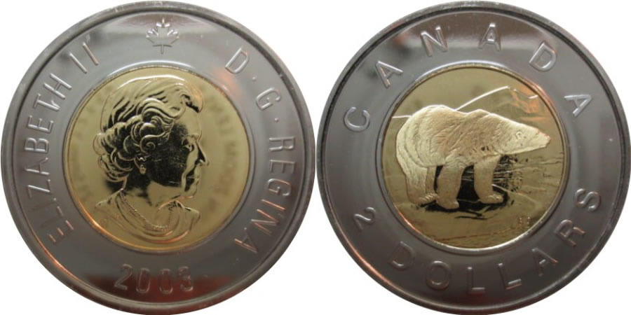2003 W Uncrowned Portrait, Maple Leaf Logo, Polar Bear Reverse Elizabeth II Two Dollar 2003 W Elizabeth II Two Dollar