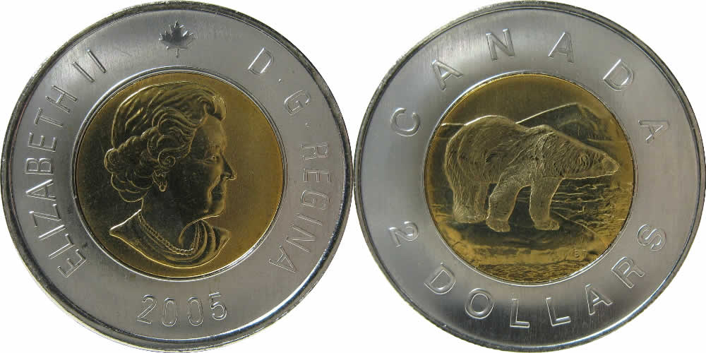 2005 Uncrowned Portrait, Maple Leaf Logo, Polar Bear Reverse Elizabeth II Two Dollar 2005 Elizabeth II Two Dollar